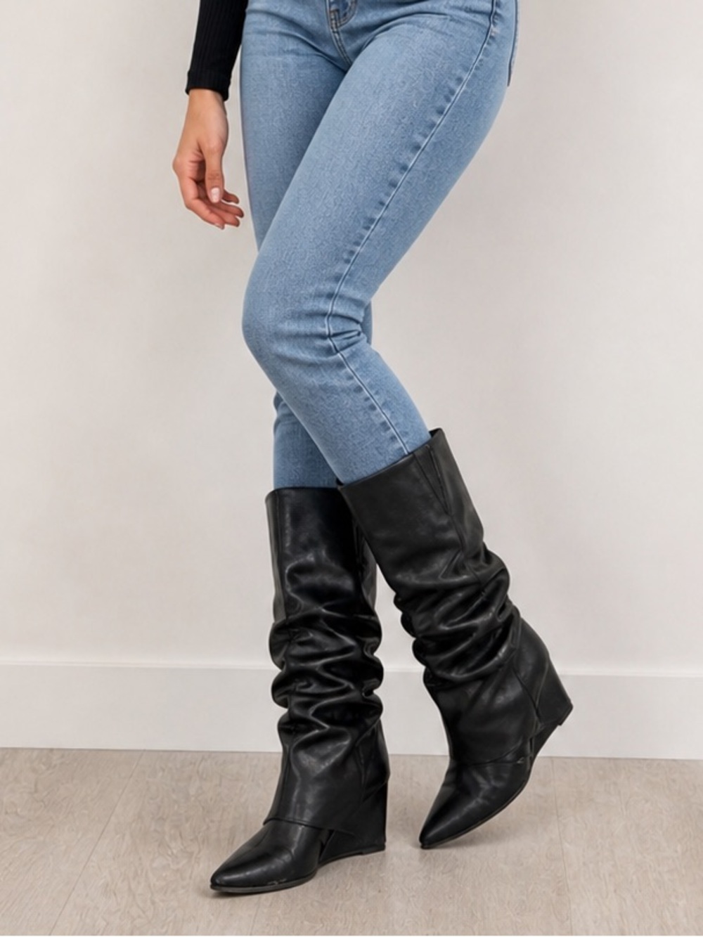 Black Slouchy Wedge Mid-Calf Boots Size 8.5